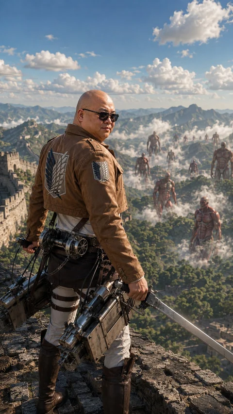 A bald man wearing dark glasses, armor and mechanical gear stands on a ridge above a vast mountain valley.