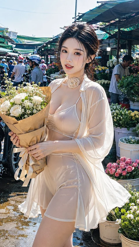 A woman in a pale outfit holds a large bouquet of white flowers at an outdoor market.