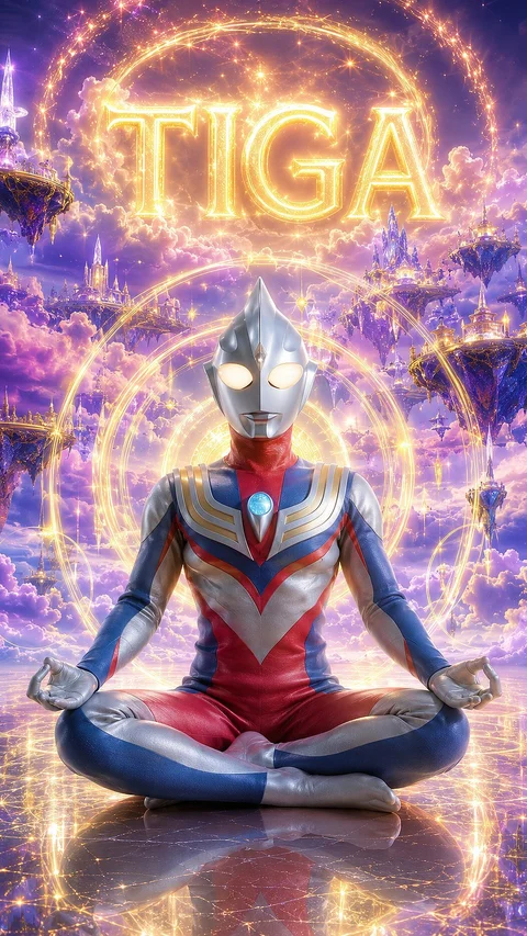 A silver, red and blue armored figure sits cross-legged amid glowing golden rings and purple light.
