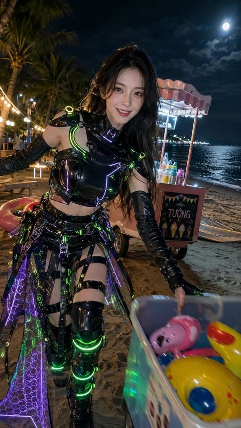 A woman in a dark futuristic outfit traced with green and purple light stands beside colorful toys at a beach stall at night.