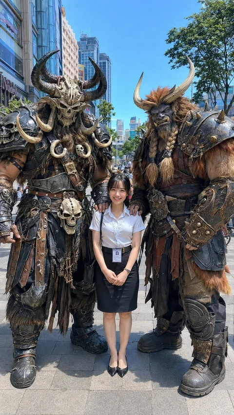 A small human figure stands between two enormous armored fantasy creatures on a modern city street.
