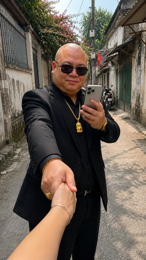 A man in dark clothing and sunglasses holds the viewer's hand while taking a phone picture in a narrow street.