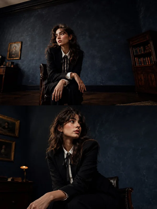Adult-presenting fictional portrait for aipornimagetovideo.com: dark academia cinematic vintage portrait wide angle