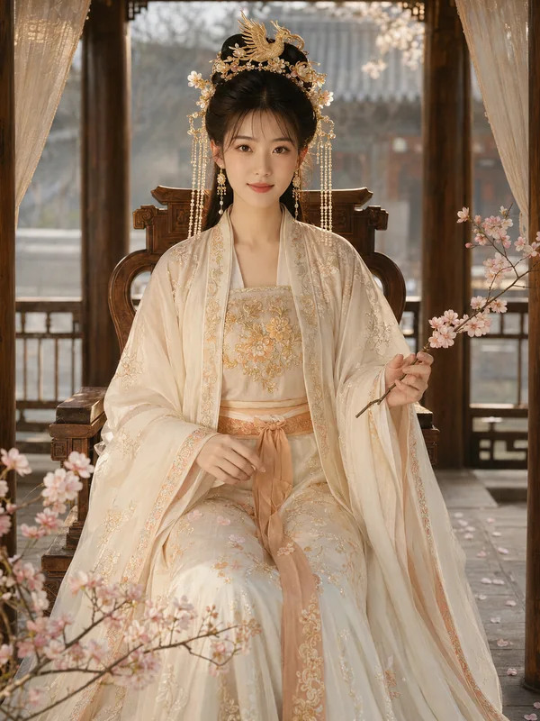Adult-presenting fictional portrait for aipornimagetovideo.com: apricot gold hanfu portrait